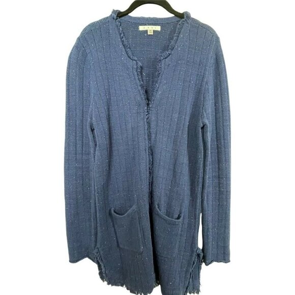 Cabi Duchess Duster Sweater Blue Specks Size M Long Sleeve Fringe‎ Trim - Picture 1 of 6